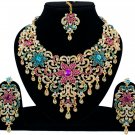 Indian Jewelry Magenta Turquoise Princess Wedding Gold Tone AD Bollywood Jewellery Necklace Set