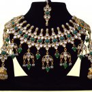 Indian Bollywood Bridal Emerald Pearl Jewelry Set, Indian Designer Stone Kundan Jewelry Green