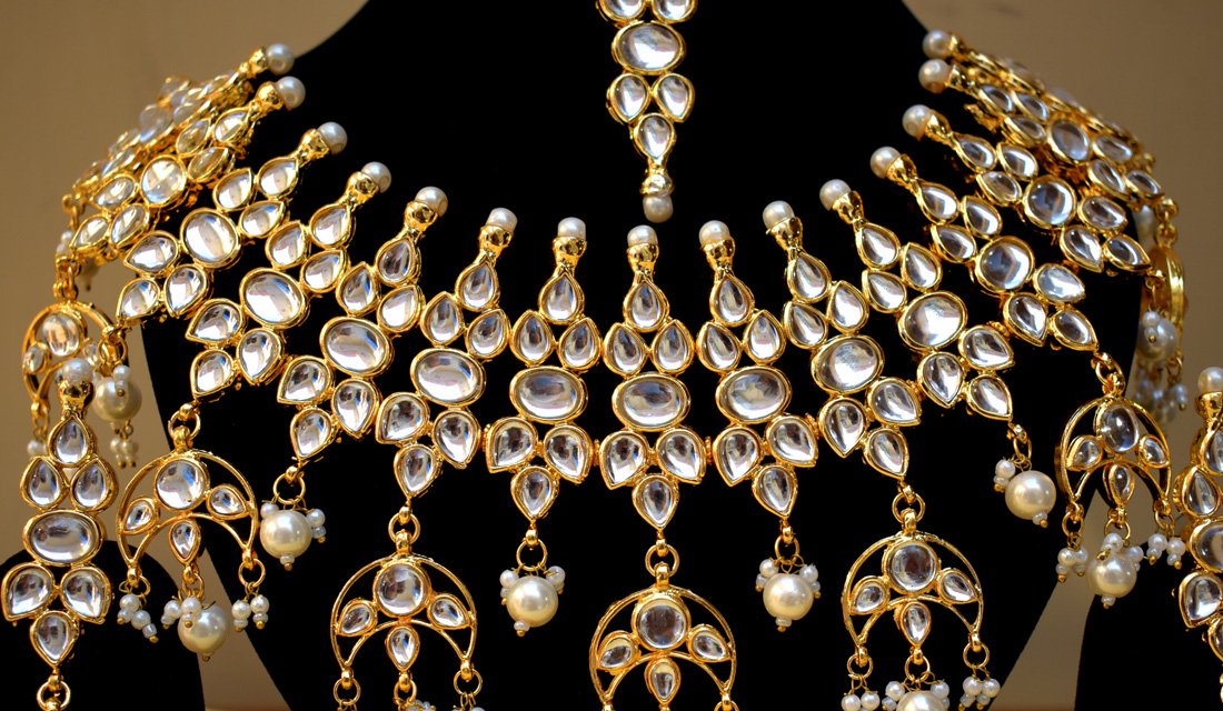 Indian Bollywood Bridal Pearl Jewelry Set, Indian Designer Stone Kundan