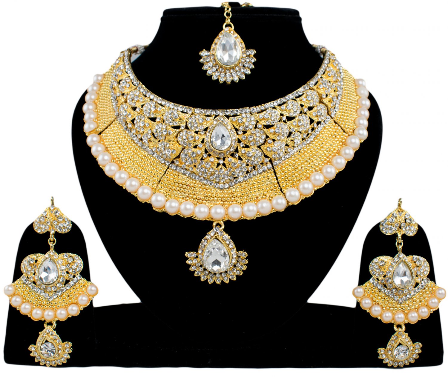 Indian Bridal Pearl Bollywood Wedding Stylish Jewelry Zircon Kundan Jewellery Necklace Set White