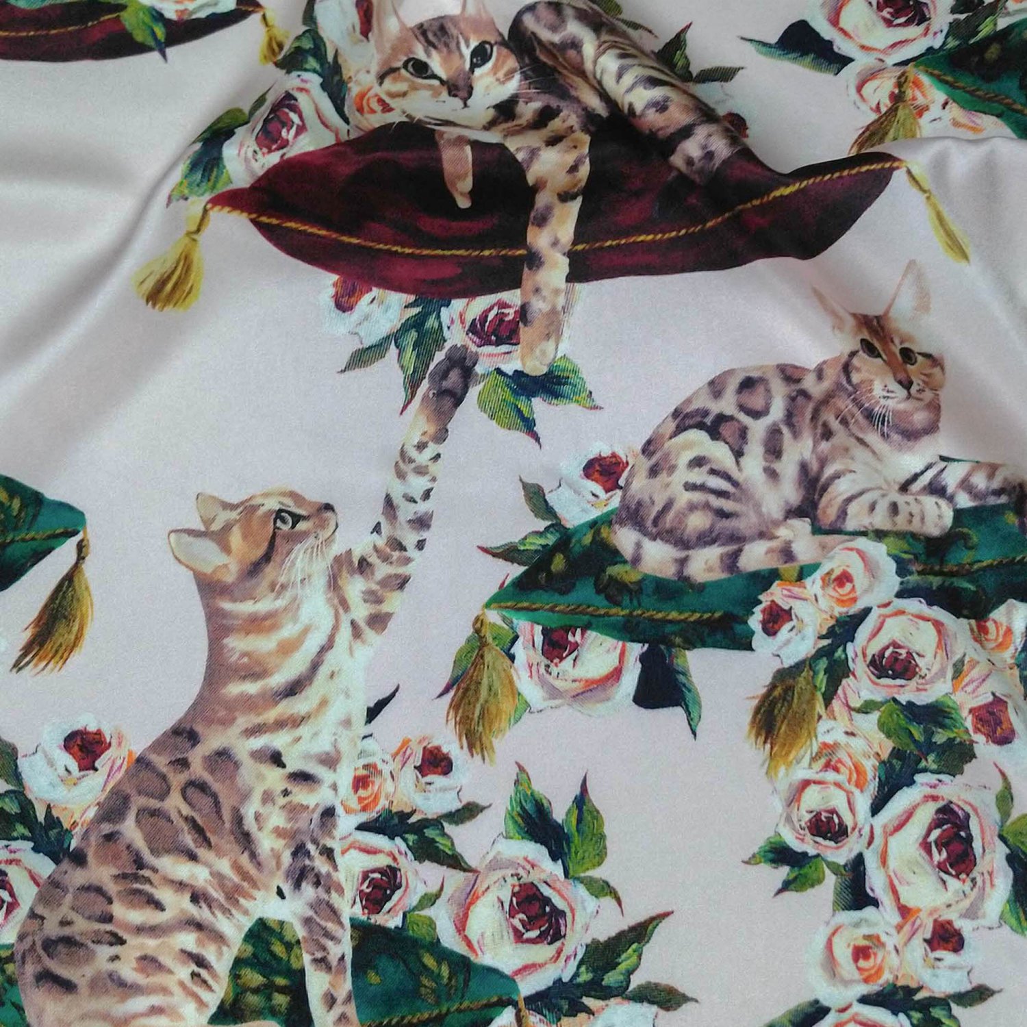 cat print stretch silk charmeuse fabric 19mm rosewater pink sell by meter