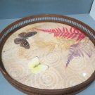 Vintage MCM 11" Bamboo Round Butterflies Ferns Under Glass Drink Serving Tray