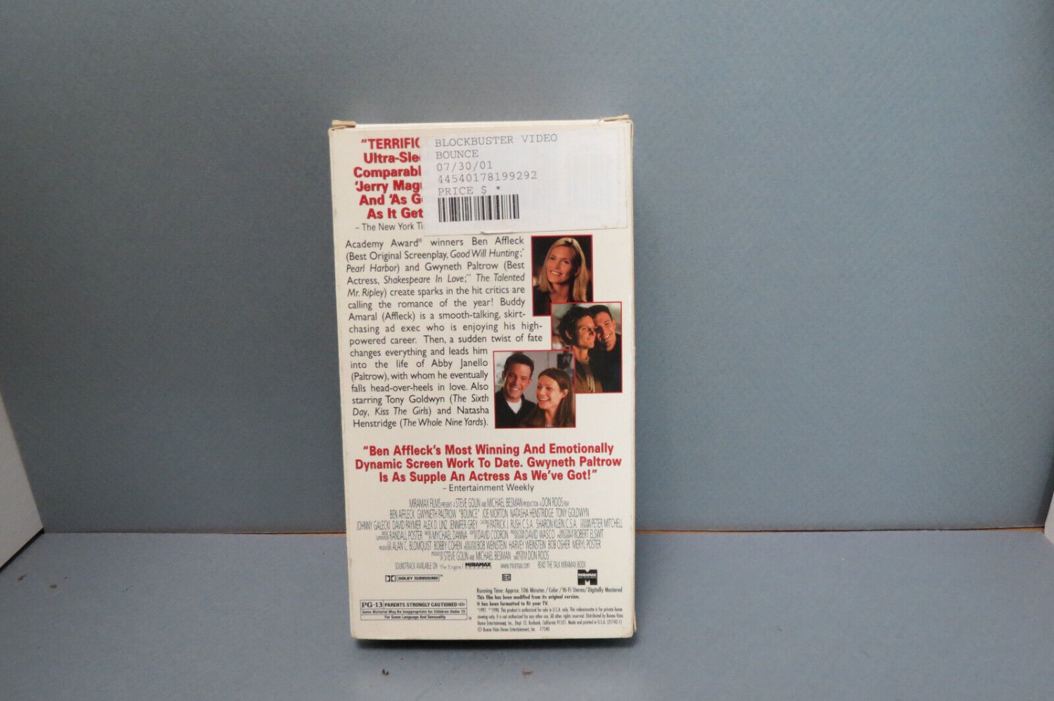 Bounce VHS Tape VCR Movie 1998 Ben Affleck, Gwyneth Paltrow-Former Rental