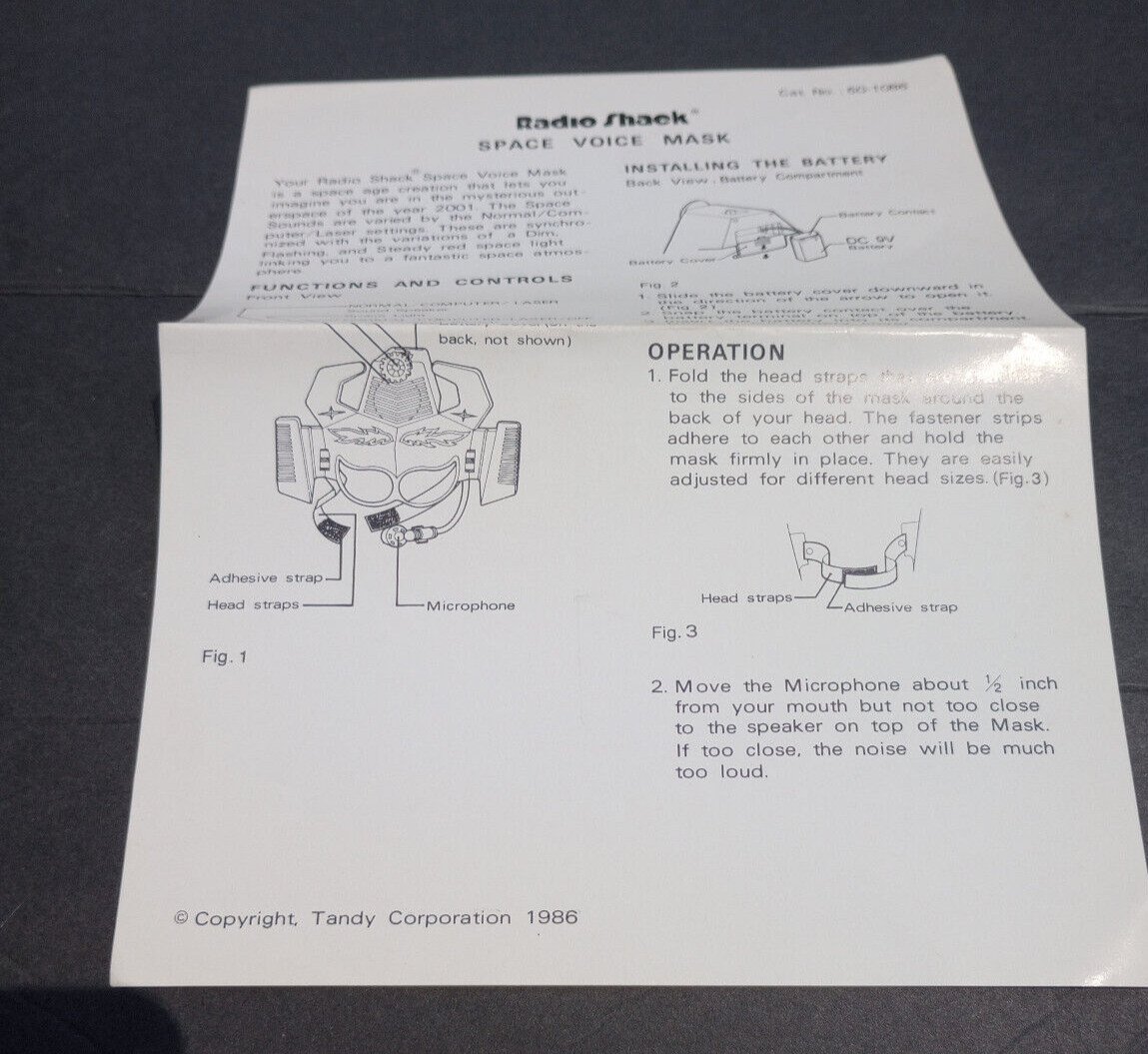 Original 1986 Radio Shack Tandy Space Voice Mask Instructions Package Insert