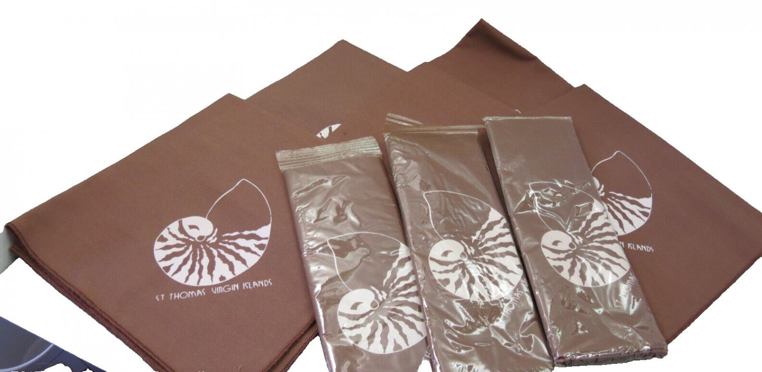 VTG St. Thomas Virgin Islands Sovenir Cloth Napkins Brown w Shell Accent 7 Total