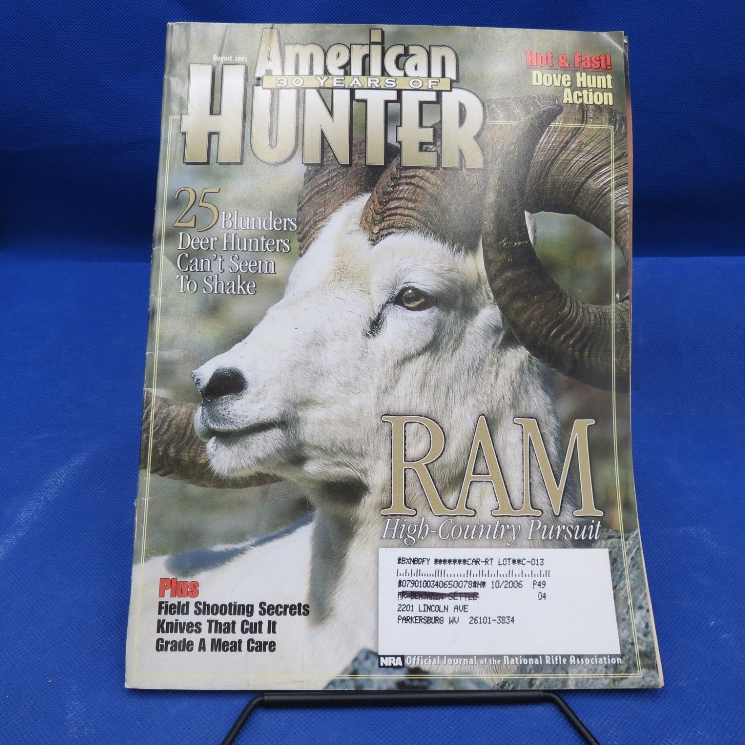 American Hunter Magazine August 2003 Vol 31 No 8 RAM Sheep Hunting NRA