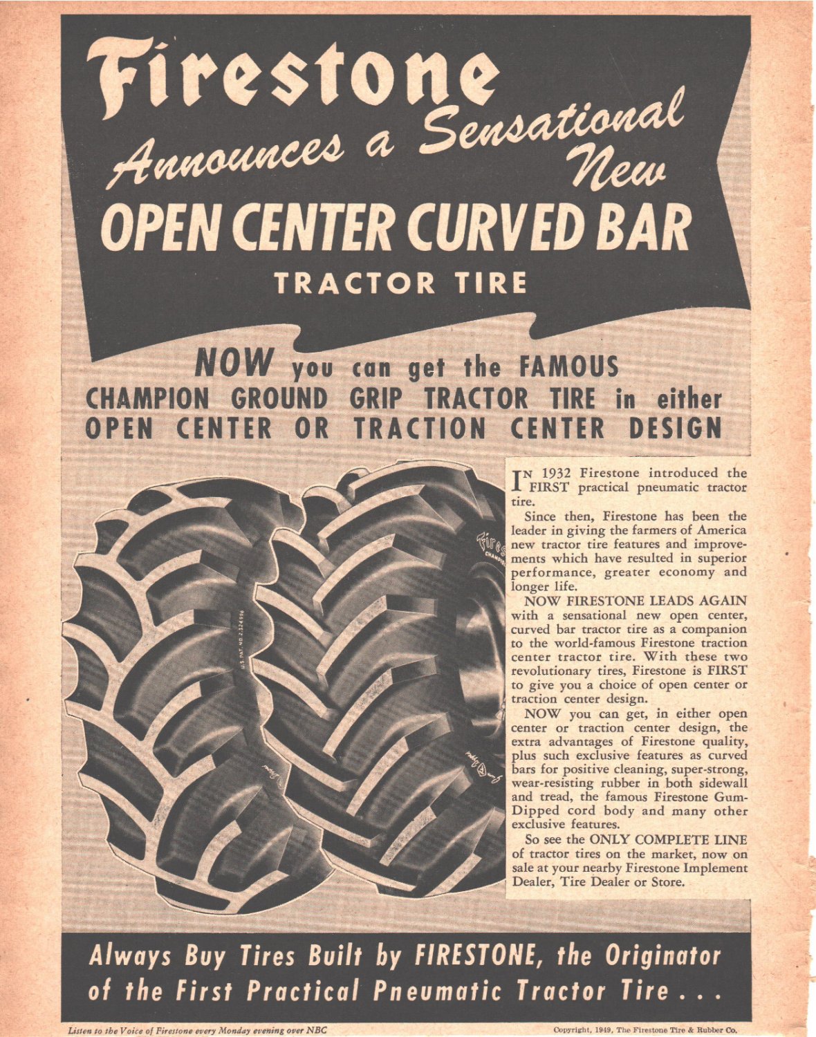 1949 Firestone Magazine Ad Introducing NEW Curved Bar Tractor Tire B&W Gum Dippe