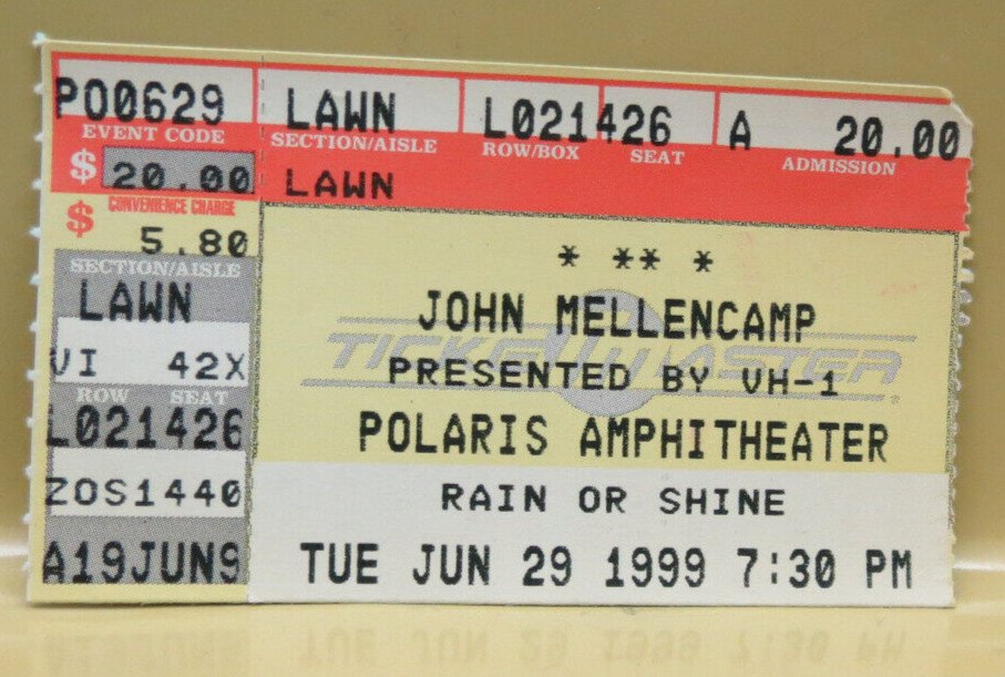 John Mellencamp Ticket Stub June 29, 1999 Polaris Ampitheater