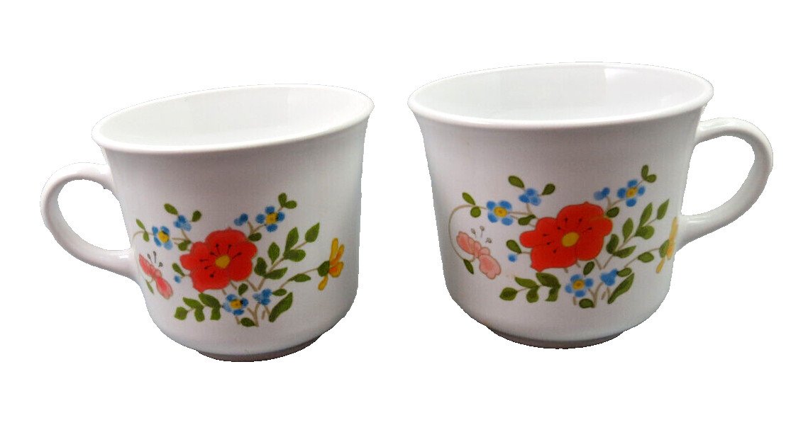 2 Corelle Corning Wildflower Spring Bouquet Coffee Tea VTG White w Floral Design
