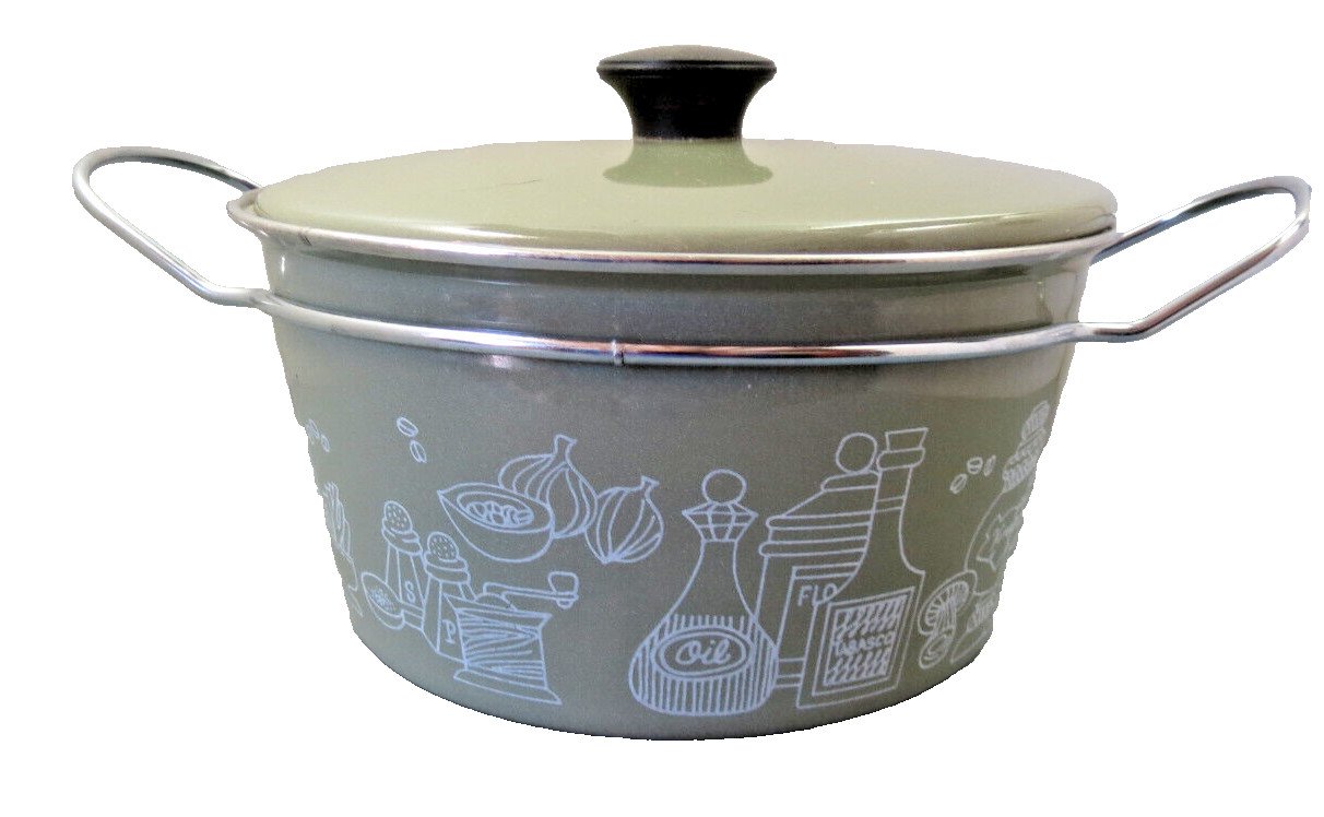 VTG Cera Met Enameled Olive Green Sauce Pan / Slip Over Handle Cooking / Decor