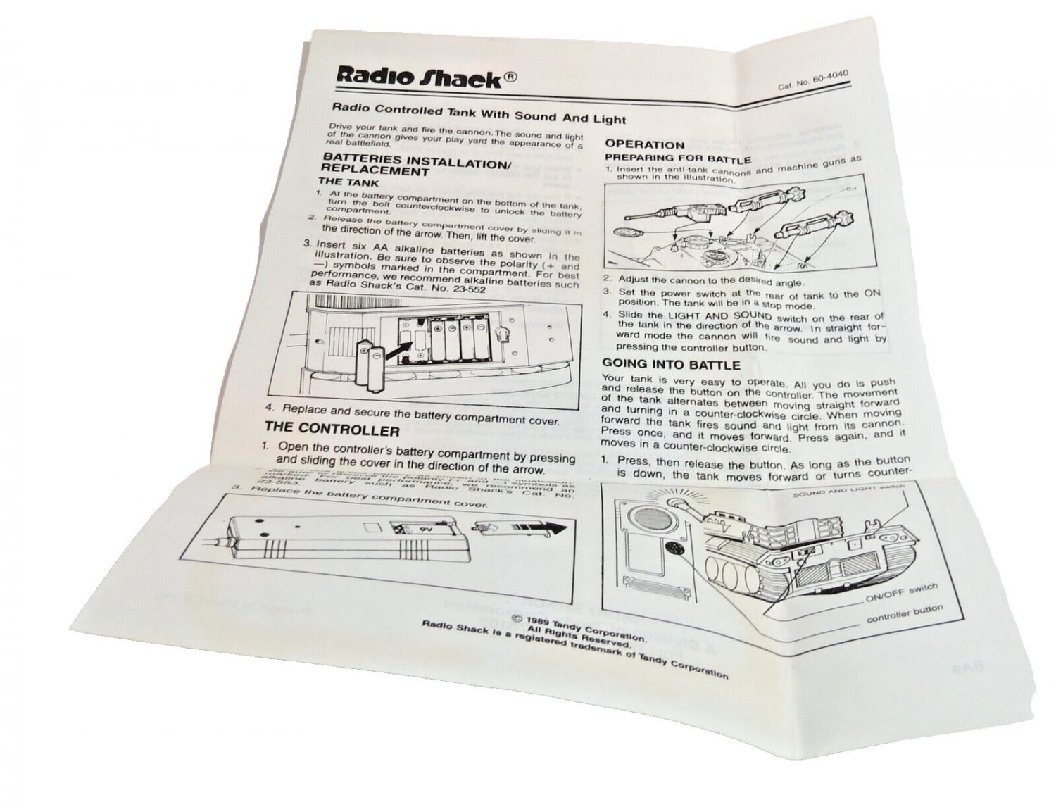 Radio Shack Tandy 1989 Radio Controlled Tank Manual Package Insert Cat 60-4040