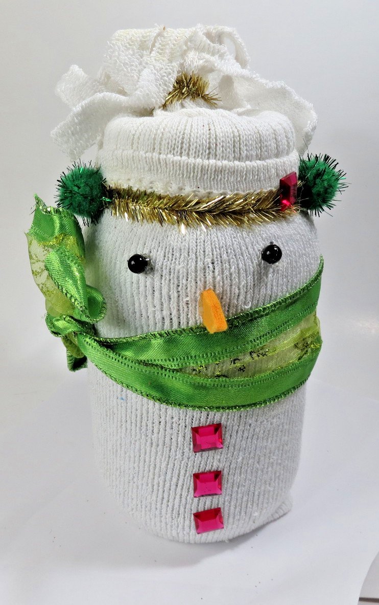 Handmade Snowman Sock over Jar Lighted