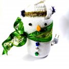 Handmade Snowman Sock over Jar Lighted  w/ Green Ribbon Scarf Christmas Decor