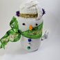 Handmade Snowman Sock over Jar Lighted w/ Green Ribbon Scarf Christmas Decor