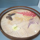 Unbranded MCM 11" Bamboo Round Butterflies Ferns Under Glass Drink Serving Tray