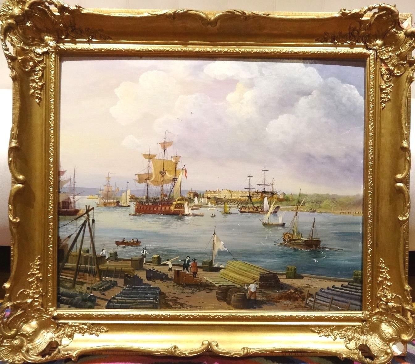 Fine View of 1798 The Gunwharf Portsmouth Dockyard Ships Landscape Oil Painting by E G Burrows