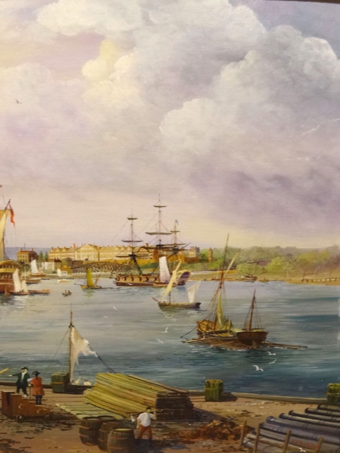 Fine View of 1798 The Gunwharf Portsmouth Dockyard Ships Landscape Oil Painting by E G Burrows