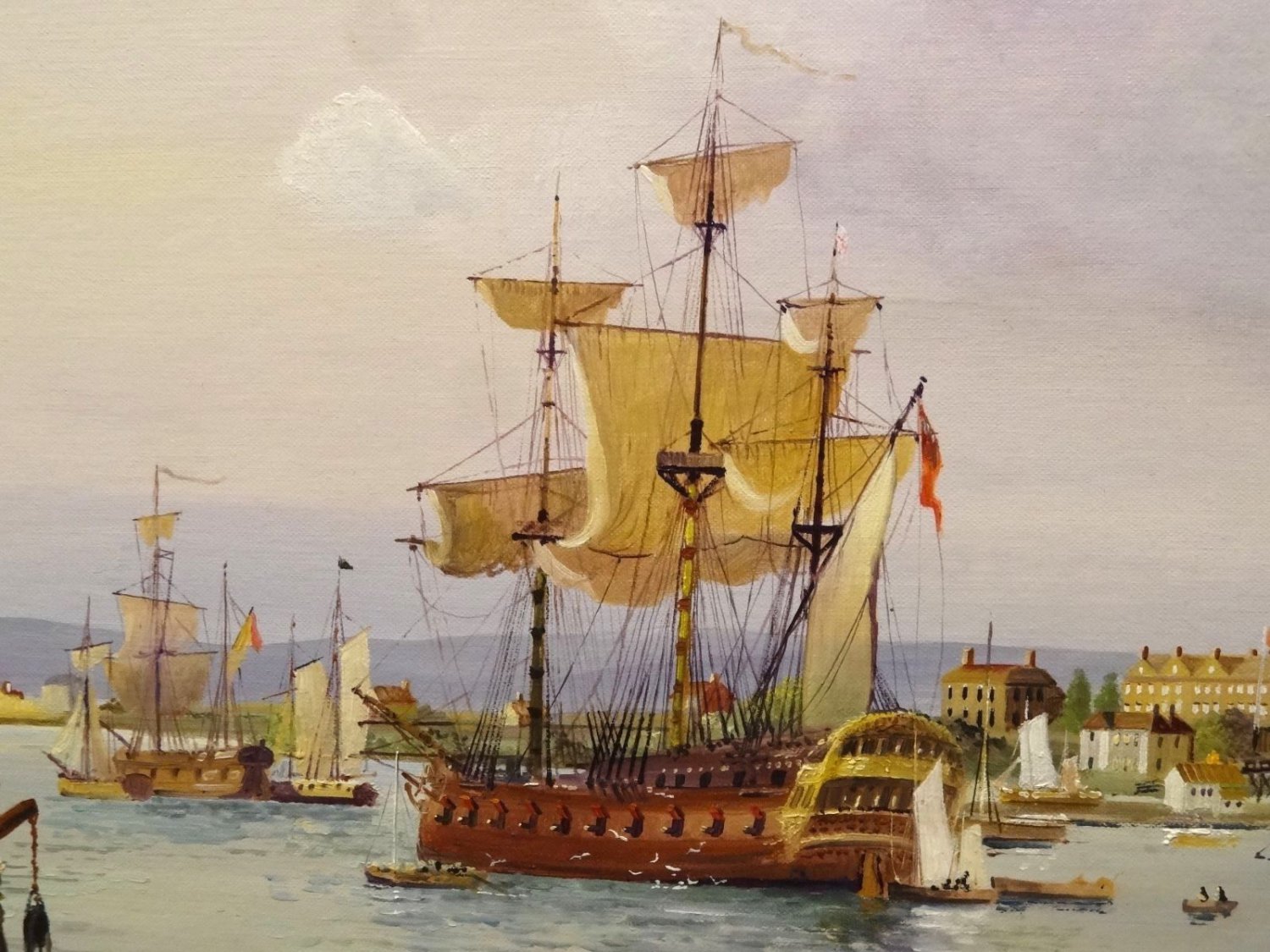 Fine View of 1798 The Gunwharf Portsmouth Dockyard Ships Landscape Oil
