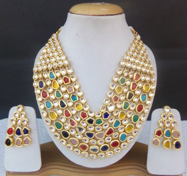 Details about   SOUTH INDIAN JEWELRY SET GOLD PLATED BRIDAL KUNDAN MEENA NECKLACE EARRINGS jm35 