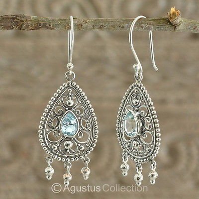 Hook EARRINGS Sterling SILVER & Genuine Blue Topaz 4.80 g ~ Handmade in Bali