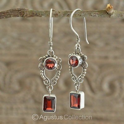 Hook EARRINGS Sterling SILVER & Genuine Red Garnet 5.90 g ~ Handmade in Bali