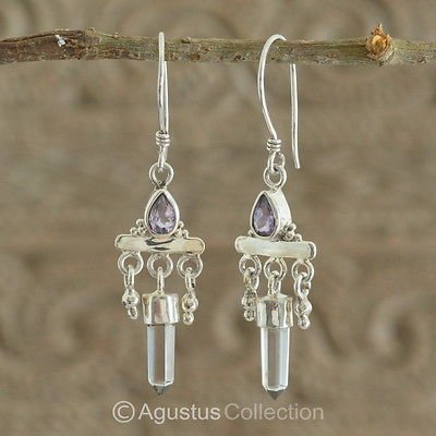 Hook EARRINGS Sterling SILVER, Genuine Amethyst & Rock Crystal 5.05 g ~ Handmade