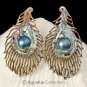 Multicolor PAUA ABALONE Shell Carving & Mabe Pearl PEACOCK Feather Earring Pair