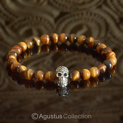 Stretch Bracelet Genuine 925 Sterling SILVER Skull Tiger-Eye 14.00 g ~ Size 6 &Acirc;&frac12;