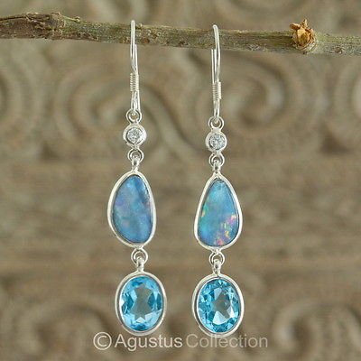 Hook EARRINGS Sterling SILVER, Triplet Opal & Swiss Blue Topaz 3.80 g ~ Handmade