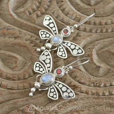 Hook EARRINGS Sterling Silver, Genuine Moonstone & Garnet 8.42 g ~ Handmade