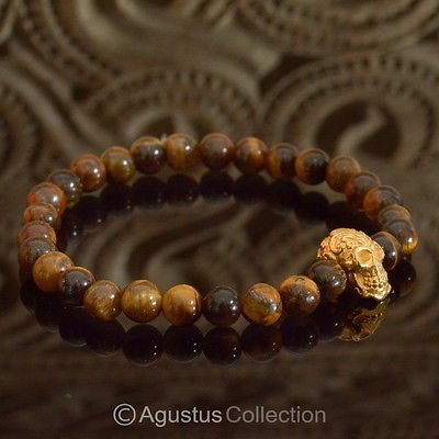 Stretch Bracelet Genuine 24K Gold Vermeil Skull Tiger-Eye 14.10 g ~ Size 6 &Acirc;&frac14;