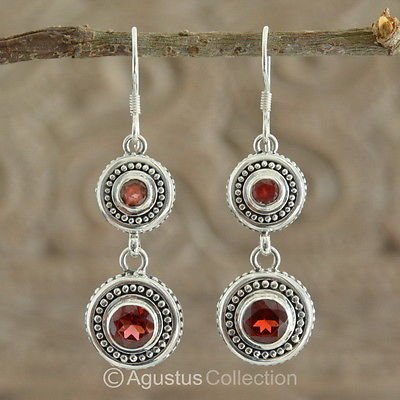 Hook EARRINGS Sterling SILVER & Genuine Red Garnet 8.15 g ~ Handmade in Bali
