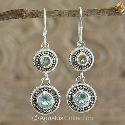 Hook EARRINGS Sterling SILVER & Genuine Blue Topaz 8.50 g ~ Handmade in Bali