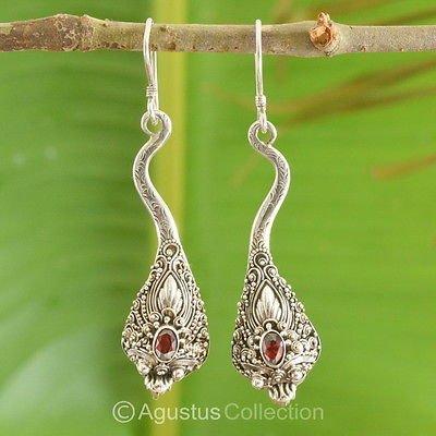 Dragon Hook Sterling SILVER EARRINGS & Genuine Garnet 8.80 g ~ Handmade in Bali