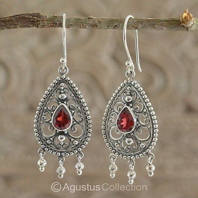 Hook EARRINGS Sterling SILVER & Genuine Red Garnet 4.90 g ~ Handmade in Bali