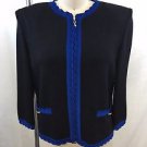 ST JOHN COLLECTION BLACK KNIT BLUE TRIM ZIP FRONT JACKET SIZE 2