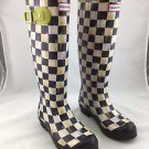 HUNTER MACKENZIE CHILDS BLACK/ WHITE COURTLY CHECK RUBBER TALL RAIN BOOTS SIZE 6