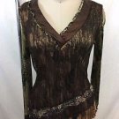 ALBERTO MAKALI GREEN KRINKLE BROWN LACE OVERLAY V-NECK TOP SIZE M