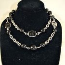 SALVATORE FERRAGAMO SILVER TONE BLACK BEAD STRAND LONG NECKLACE