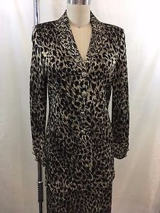 ST JOHN EVENING LEOPARD KNIT BEADED TRIM SPAG STRAP GOWN/ JACKET SET SIZE 4