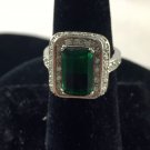 Green stone 14k white Gold-Plated cocktail Ring Sz 8"
