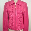 ST JOHN COLLECTION HOT PINK LEATHER RUFFLE FRONT ZIP DOWN JACKET SIZE SMALL