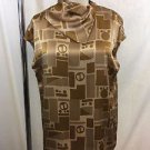 LOUIS VUITTON GOLD/ BEIGE GEOMETRIC SILK 1 SHOULDER BUTTON BLOUSE SIZE 38