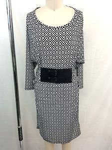 MICHAEL MICHAEL KORS BLACK/ WHITE GEO PRINT BELTED JERSEY DRESS SIZE XS