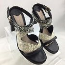 10 CROSBY DEREK LAM BLACK/ CREAM EMBOSSED STRAPPY CHUNK HEELS SIZE 9 W