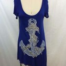 LAUREN MOSHI COBALT BLUE S/S ASYMM HEM ANCHOR DESIGN LONG SHIRT SIZE SMALL