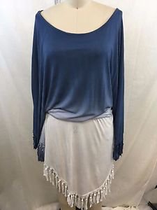 YOUNG FABULOUS & BROKE BLUE/ GRAY OMBRE FRINGE TUNIC DRESS W/ TIE SIZE XS