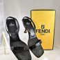 FENDI BLACK FABRIC LEATHER BEADED SLING BACK HEEL SIZE 8 M