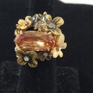 Flower June bug CZ Rhinestone Beige Crystal Cocktail Ring 8 1/4