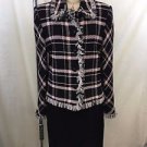 ST JOHN COLLECTION BLACK KNIT PINK PLAID TOOL TRIM SKIRT SUIT SIZE 10